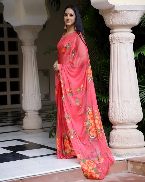 Multicolour_Floral_H_Painted_Crimson_Chiffon_Saree_For_Women